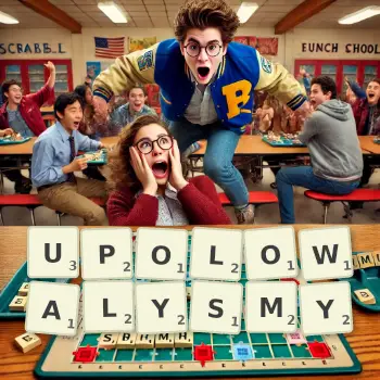 Kreatywna ilustracja do gry w Scrabble ze słowem UPOLOWALYSMY ułożonym z płytek na planszy.