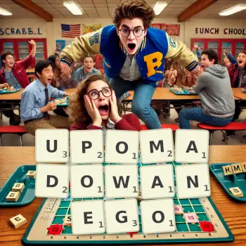 Kreatywna ilustracja do gry w Scrabble ze słowem UPOMADOWANEGO ułożonym z płytek na planszy.