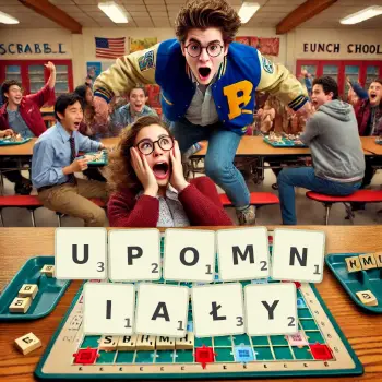 Kreatywna ilustracja do gry w Scrabble ze słowem UPOMNIAŁY ułożonym z płytek na planszy.