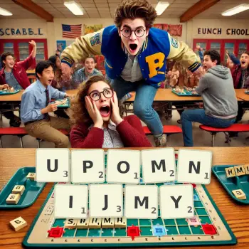 Kreatywna ilustracja do gry w Scrabble ze słowem UPOMNIJMY ułożonym z płytek na planszy.