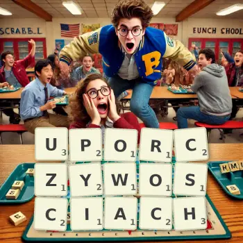 Kreatywna ilustracja do gry w Scrabble ze słowem UPORCZYWOSCIACH ułożonym z płytek na planszy.