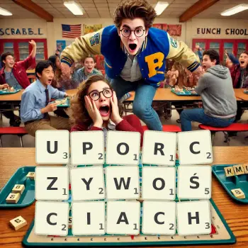 Kreatywna ilustracja do gry w Scrabble ze słowem UPORCZYWOŚCIACH ułożonym z płytek na planszy.