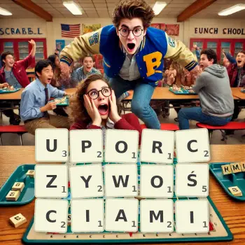 Kreatywna ilustracja do gry w Scrabble ze słowem UPORCZYWOŚCIAMI ułożonym z płytek na planszy.