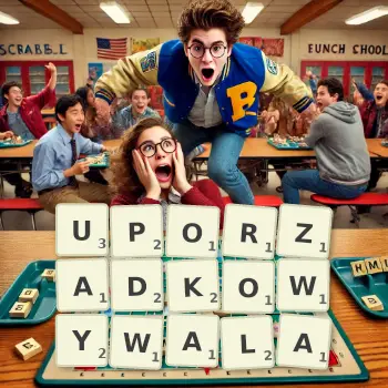 Kreatywna ilustracja do gry w Scrabble ze słowem UPORZADKOWYWALA ułożonym z płytek na planszy.