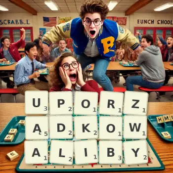 Kreatywna ilustracja do gry w Scrabble ze słowem UPORZĄDKOWALIBY ułożonym z płytek na planszy.