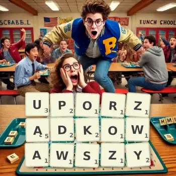 Kreatywna ilustracja do gry w Scrabble ze słowem UPORZĄDKOWAWSZY ułożonym z płytek na planszy.