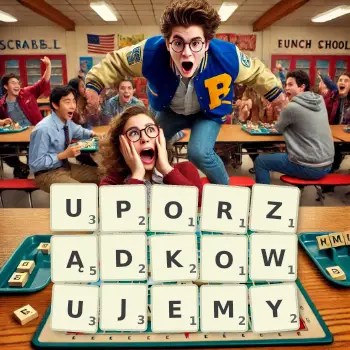 Kreatywna ilustracja do gry w Scrabble ze słowem UPORZĄDKOWUJEMY ułożonym z płytek na planszy.