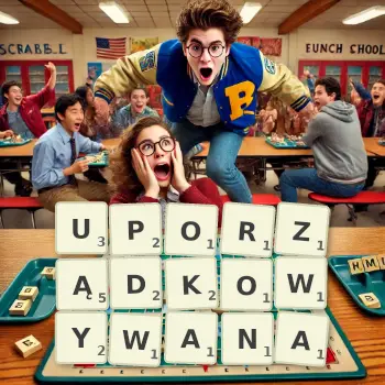 Kreatywna ilustracja do gry w Scrabble ze słowem UPORZĄDKOWYWANA ułożonym z płytek na planszy.