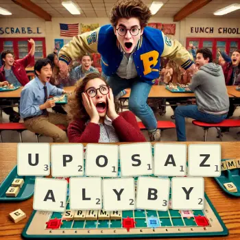 Kreatywna ilustracja do gry w Scrabble ze słowem UPOSAZALYBY ułożonym z płytek na planszy.