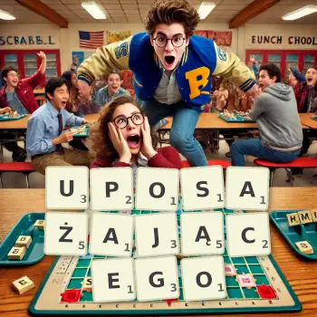 Kreatywna ilustracja do gry w Scrabble ze słowem UPOSAŻAJĄCEGO ułożonym z płytek na planszy.