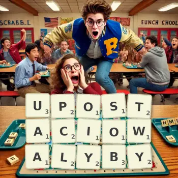 Kreatywna ilustracja do gry w Scrabble ze słowem UPOSTACIOWALYBY ułożonym z płytek na planszy.