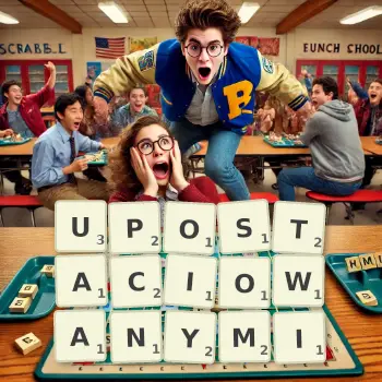 Kreatywna ilustracja do gry w Scrabble ze słowem UPOSTACIOWANYMI ułożonym z płytek na planszy.