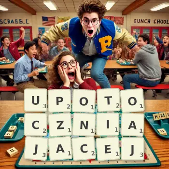 Kreatywna ilustracja do gry w Scrabble ze słowem UPOTOCZNIAJACEJ ułożonym z płytek na planszy.