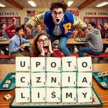 Kreatywna ilustracja do gry w Scrabble ze słowem UPOTOCZNIALIŚMY ułożonym z płytek na planszy.