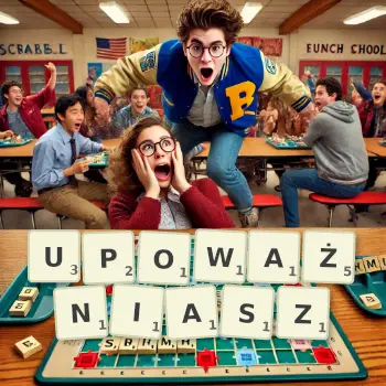 Kreatywna ilustracja do gry w Scrabble ze słowem UPOWAŻNIASZ ułożonym z płytek na planszy.