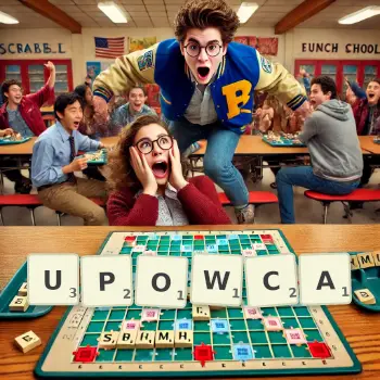 Kreatywna ilustracja do gry w Scrabble ze słowem UPOWCA ułożonym z płytek na planszy.