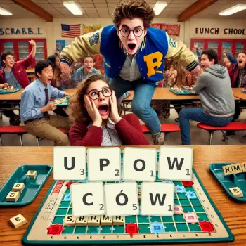 Kreatywna ilustracja do gry w Scrabble ze słowem UPOWCÓW ułożonym z płytek na planszy.