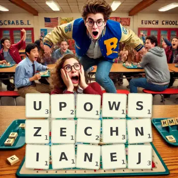 Kreatywna ilustracja do gry w Scrabble ze słowem UPOWSZECHNIANEJ ułożonym z płytek na planszy.