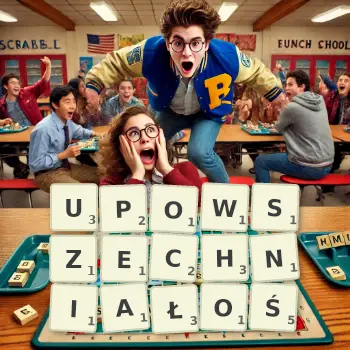 Kreatywna ilustracja do gry w Scrabble ze słowem UPOWSZECHNIAŁOŚ ułożonym z płytek na planszy.