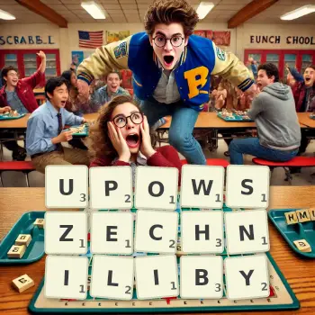 Kreatywna ilustracja do gry w Scrabble ze słowem UPOWSZECHNILIBY ułożonym z płytek na planszy.