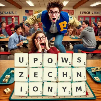 Kreatywna ilustracja do gry w Scrabble ze słowem UPOWSZECHNIONYM ułożonym z płytek na planszy.