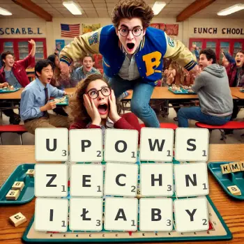 Kreatywna ilustracja do gry w Scrabble ze słowem UPOWSZECHNIŁABY ułożonym z płytek na planszy.