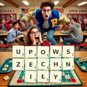 Kreatywna ilustracja do gry w Scrabble ze słowem UPOWSZECHNIŁY ułożonym z płytek na planszy.