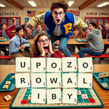 Kreatywna ilustracja do gry w Scrabble ze słowem UPOZOROWALIBY ułożonym z płytek na planszy.