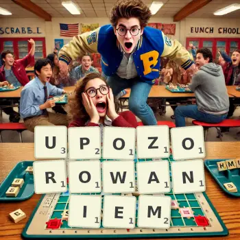 Kreatywna ilustracja do gry w Scrabble ze słowem UPOZOROWANIEM ułożonym z płytek na planszy.