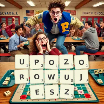 Kreatywna ilustracja do gry w Scrabble ze słowem UPOZOROWUJESZ ułożonym z płytek na planszy.