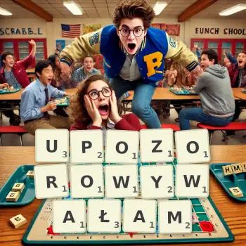 Kreatywna ilustracja do gry w Scrabble ze słowem UPOZOROWYWAŁAM ułożonym z płytek na planszy.