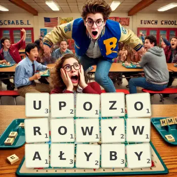 Kreatywna ilustracja do gry w Scrabble ze słowem UPOZOROWYWAŁYBY ułożonym z płytek na planszy.