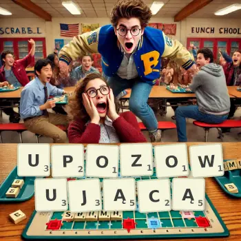 Kreatywna ilustracja do gry w Scrabble ze słowem UPOZOWUJĄCĄ ułożonym z płytek na planszy.