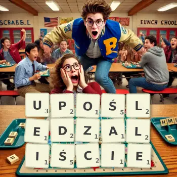 Kreatywna ilustracja do gry w Scrabble ze słowem UPOŚLEDZALIŚCIE ułożonym z płytek na planszy.