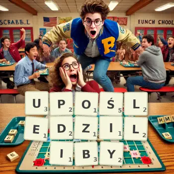 Kreatywna ilustracja do gry w Scrabble ze słowem UPOŚLEDZILIBY ułożonym z płytek na planszy.