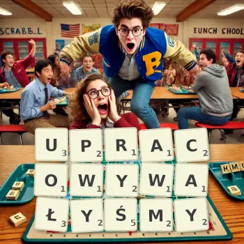 Kreatywna ilustracja do gry w Scrabble ze słowem UPRACOWYWAŁYŚMY ułożonym z płytek na planszy.