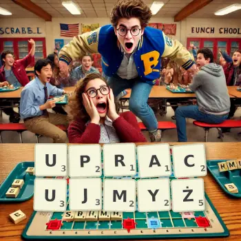 Kreatywna ilustracja do gry w Scrabble ze słowem UPRACUJMYŻ ułożonym z płytek na planszy.