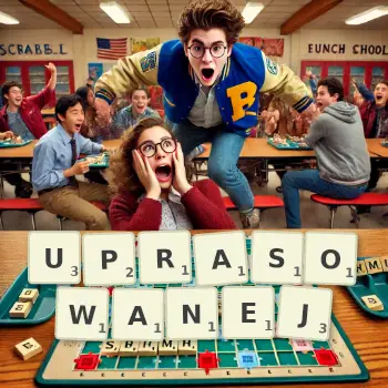 Kreatywna ilustracja do gry w Scrabble ze słowem UPRASOWANEJ ułożonym z płytek na planszy.