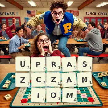 Kreatywna ilustracja do gry w Scrabble ze słowem UPRASZCZANIOM ułożonym z płytek na planszy.