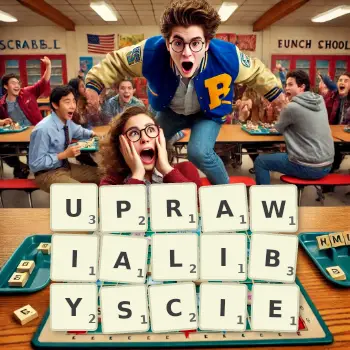 Kreatywna ilustracja do gry w Scrabble ze słowem UPRAWIALIBYSCIE ułożonym z płytek na planszy.