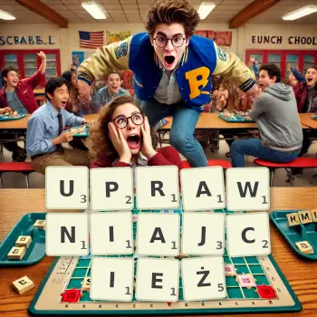 Kreatywna ilustracja do gry w Scrabble ze słowem UPRAWNIAJCIEŻ ułożonym z płytek na planszy.