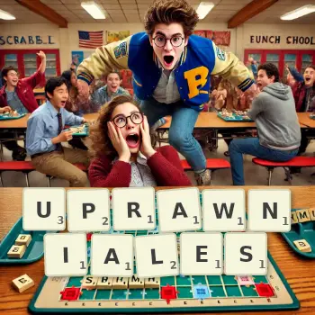 Kreatywna ilustracja do gry w Scrabble ze słowem UPRAWNIALES ułożonym z płytek na planszy.