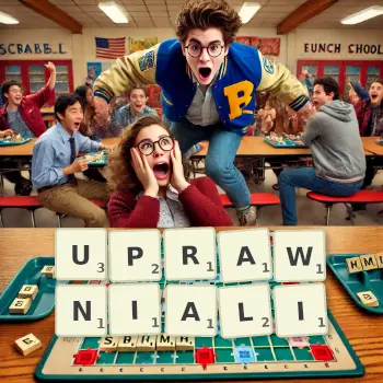 Kreatywna ilustracja do gry w Scrabble ze słowem UPRAWNIALI ułożonym z płytek na planszy.