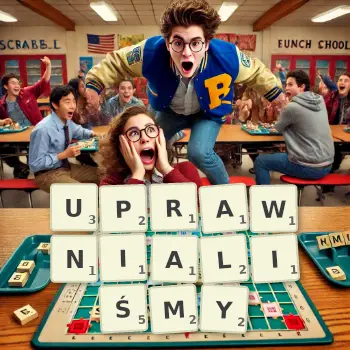 Kreatywna ilustracja do gry w Scrabble ze słowem UPRAWNIALIŚMY ułożonym z płytek na planszy.