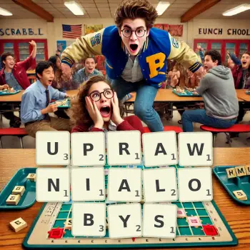 Kreatywna ilustracja do gry w Scrabble ze słowem UPRAWNIALOBYS ułożonym z płytek na planszy.