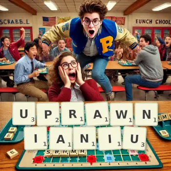 Kreatywna ilustracja do gry w Scrabble ze słowem UPRAWNIANIU ułożonym z płytek na planszy.