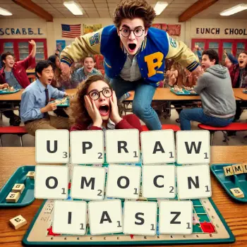 Kreatywna ilustracja do gry w Scrabble ze słowem UPRAWOMOCNIASZ ułożonym z płytek na planszy.