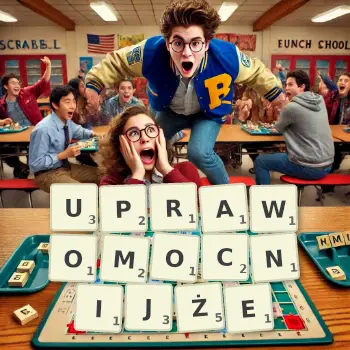 Kreatywna ilustracja do gry w Scrabble ze słowem UPRAWOMOCNIJŻE ułożonym z płytek na planszy.