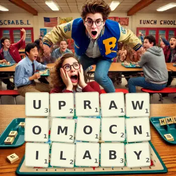 Kreatywna ilustracja do gry w Scrabble ze słowem UPRAWOMOCNILABY ułożonym z płytek na planszy.