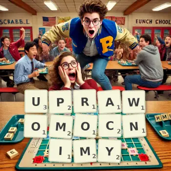 Kreatywna ilustracja do gry w Scrabble ze słowem UPRAWOMOCNIMY ułożonym z płytek na planszy.